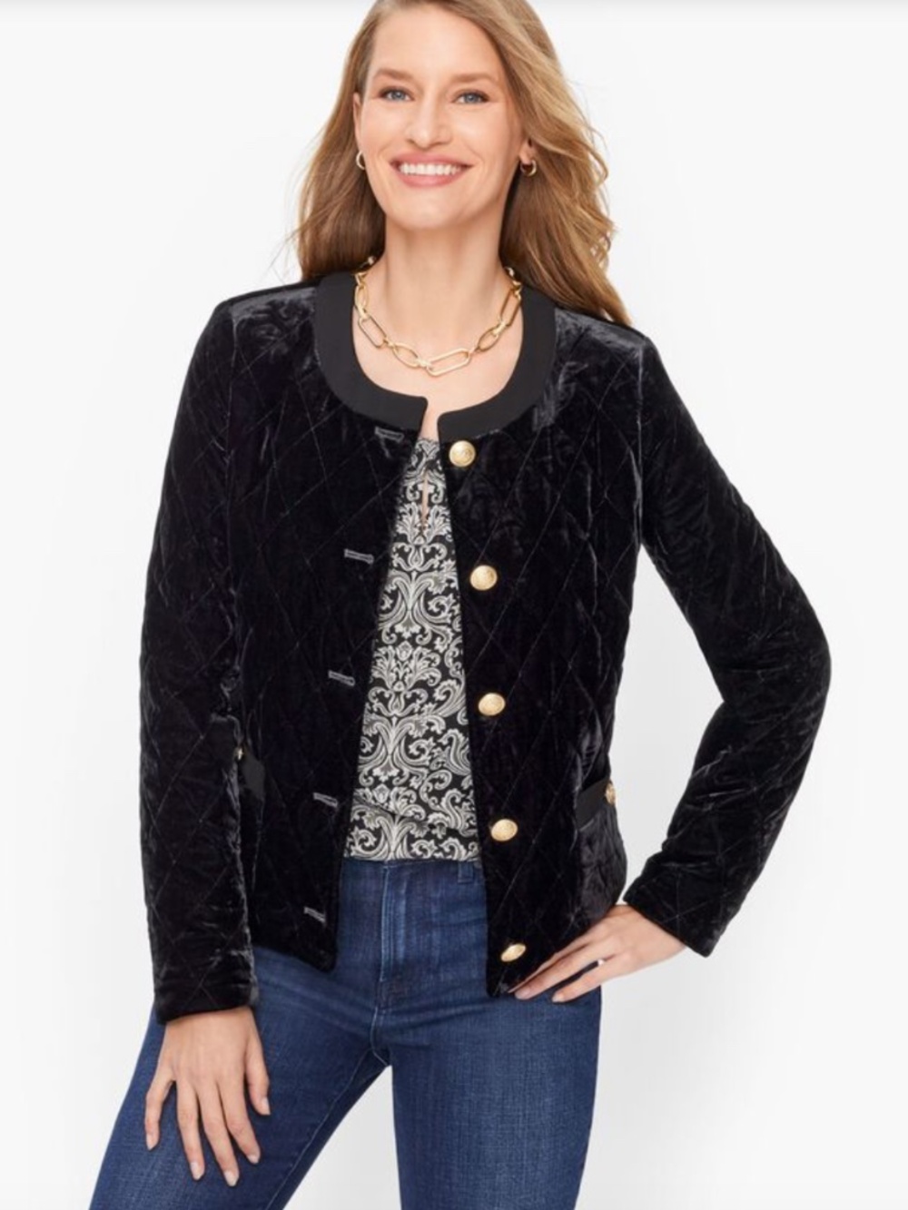 Talbots Black Quilted Velvet Jacket Gold Buttons Blazer Coat Size L $189 NWT